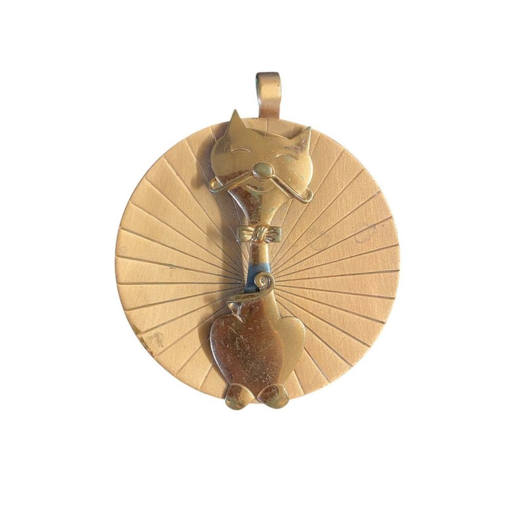 vintage 1960s huge copper cat pendant 3D mustache 60s novelty necklace mod